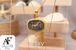 Antique Greek Intaglio Horse 925 Sterling Silver Necklace, Solid Sterling Necklace Gift For Her Mothers Day