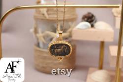 Antique Greek Intaglio Horse 925 Sterling Silver Necklace, Solid Sterling Necklace Gift For Her Mothers Day