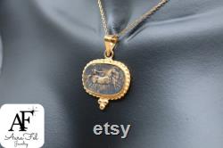 Antique Greek Intaglio Horse 925 Sterling Silver Necklace, Solid Sterling Necklace Gift For Her Mothers Day