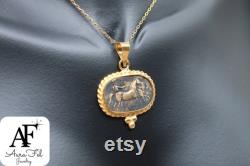 Antique Greek Intaglio Horse 925 Sterling Silver Necklace, Solid Sterling Necklace Gift For Her Mothers Day