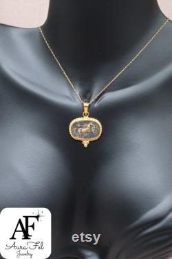 Antique Greek Intaglio Horse 925 Sterling Silver Necklace, Solid Sterling Necklace Gift For Her Mothers Day