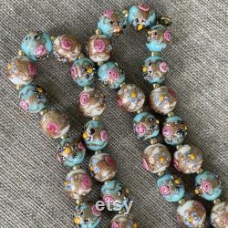 Art Deco Venetian Wedding Cake Fiorato Glass Pale Blue Pink Gold Large Bead Necklace