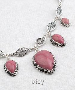 Authentic Rhodonite Silver Necklace Handmade 925 Sterling Silver Genuine Pear Rhodonite Gemstones Adjustable Necklace Women Jewelry Gift Box