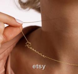 BIG SALE 14K Gold Sideways Name Necklace, Custom Solid Gold Name Necklace, Gold Sideways Initial Necklace, Personalized Sideways Necklace