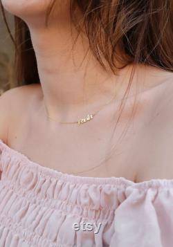 BIG SALE 14K Gold Sideways Name Necklace, Custom Solid Gold Name Necklace, Gold Sideways Initial Necklace, Personalized Sideways Necklace