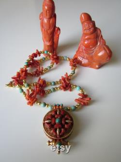 BUDDHIST DEVOTION vermeil and coral Thai ghau on matching necklace