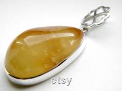 Baltic Amber Sterling Silver Pendant, Yellow Amber and Silver 925, Natural Amber, Modern Style, Minimalist Design, Clover.