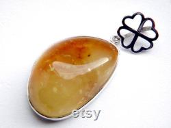 Baltic Amber Sterling Silver Pendant, Yellow Amber and Silver 925, Natural Amber, Modern Style, Minimalist Design, Clover.