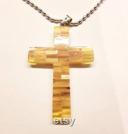Baltic amber pendant cross with silver 925 chain, Catholic natural amber cross