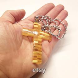 Baltic amber pendant cross with silver 925 chain, Catholic natural amber cross