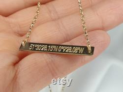 Bar Necklace- Solid Gold Bar Necklace Engraved- Available in Sterling Silver- Personalised Bar Necklace with Engraved Coordinates -