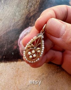 Beautiful French Antique Art Nouveau 18K gold diamond pearl flower pendant