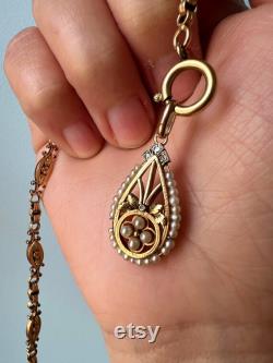 Beautiful French Antique Art Nouveau 18K gold diamond pearl flower pendant