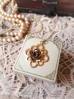 Beautiful French Vintage Gold Plated 3D Rose Pendant, Flower Vintage Necklace, French Art Deco Jewelry, Vintage Wedding, Gift for Her