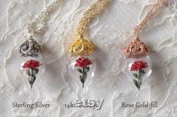 Beauty and the Beast Rose Necklace Sterling Silver Red Rose, Glass Flower Pendant Personalized Intials Date- Wife Wedding Anniversary Gift