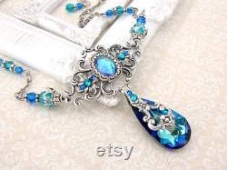 Bermuda Blue Victorian Style Necklace with Antiques Silver Filigree Custom Length