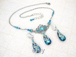 Bermuda Blue Victorian Style Necklace with Antiques Silver Filigree Custom Length