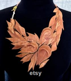 Bib Necklace for women, genuine leather Floral pattern, Beige color, Mother's Day Gift