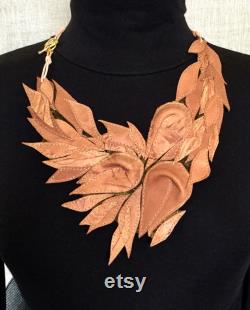 Bib Necklace for women, genuine leather Floral pattern, Beige color, Mother's Day Gift
