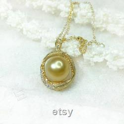Big South Sea Golden Pearl Pendant, 11-11.5 MM Golden Cultured Pearl In 18K Gold Plate Pendant, South Sea Pearl And Vermeil Silver Pendant