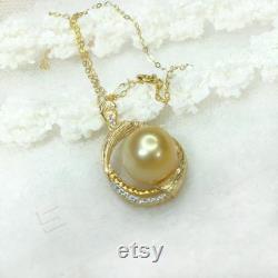 Big South Sea Golden Pearl Pendant, 11-11.5 MM Golden Cultured Pearl In 18K Gold Plate Pendant, South Sea Pearl And Vermeil Silver Pendant