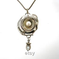 Big pendant necklace with pearls for women, Silver hanging pearl pendant, Unique charm necklace