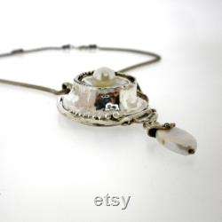 Big pendant necklace with pearls for women, Silver hanging pearl pendant, Unique charm necklace