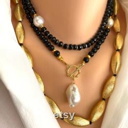 Black Onyx w Gold Pyrite Beads and Genuine Baroque Pearl Short Necklace, 18 , Gifts for Her