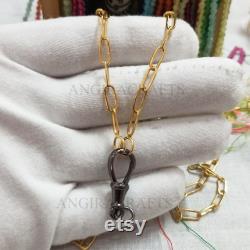 Black Oxidized With Gold Plating Push Lock Charm Holder Paper Clip Chain Necklace, Push Lock Necklace, Enhancer Lock Necklace