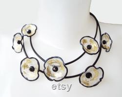 Black and White statement necklace, Bib Floral lampwork Glass necklace
