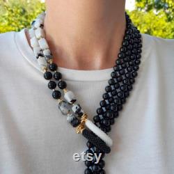 Black onyx moonstone necklace bead Anniversary women gift Statement chunky gemstone layered long necklace Wedding necklace Handmade jewelry