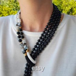 Black onyx moonstone necklace bead Anniversary women gift Statement chunky gemstone layered long necklace Wedding necklace Handmade jewelry