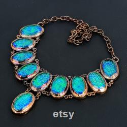 Blue Australian Opal Necklace, Handmade Necklace, Electroformed Copper Necklace, Gemstone Jewelry Adjustable Chain Necklace Wedding Jewelry