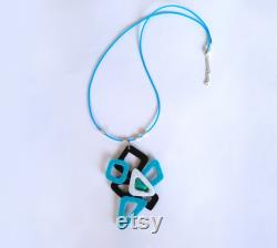 Blue Black White Necklace Handmade Gift Pendant Jewelry Geometric Glass 3D Crystal Long Necklace White Black Blue Necklace Square Blue