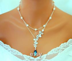 Blue Wedding Necklace Bridal Pearl Jewelry Double Strands Bermuda Blue Peacock Orchid Necklace