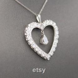 Bold Diamond Heart Pendant with Dangling Pear Cut Diamond in 14k White Gold, Rare and Unique Diamond Heart Necklace, Perfect Gift for Wife