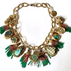 Bollywood Style Green and Gold Chunky Choker STATEMENT NECKLACE OOAK Wearable Art Necklace by Pauletta Brooks Lush Mixed Mineral Necklace