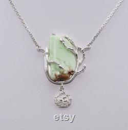 Branch with Bird Nest Necklace in Sterling Silver, Lime Green Lemon Chrysoprase, 925 Silver Pendant, Spring Jewelry,Nature,Eggs,gift for her