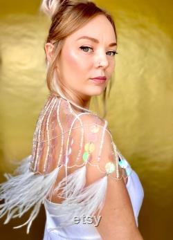 Bridal Cape, Alternative Wedding, Alternative Veil, Festival Wedding Feather Cape Necklace Iridescent Crystal and Sequin White Feather