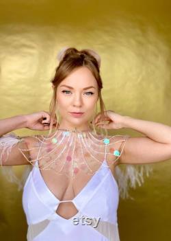 Bridal Cape, Alternative Wedding, Alternative Veil, Festival Wedding Feather Cape Necklace Iridescent Crystal and Sequin White Feather