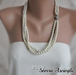 Bridal Jewelry, Ivory Layered Pearl, Glass Pearl Necklace with Rhinestone Clasp brides bridesmaids