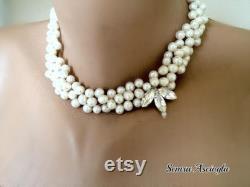 Bridal Jewelry, Pearl, Freshwater Pearls Brides Bib Necklace with Crystal flower
