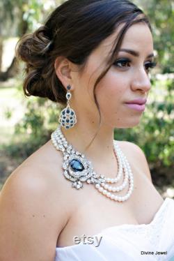 Bridal Pearl Necklace, wedding necklace pearl, something blue necklace, statement bridal necklace, wedding rhinestone necklace, MIRANDA
