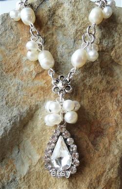 Bridal Pendant Necklace.White.Freshwater Pearl.Cluster.Wedding.Crystals.Jeweled.Statement.Choker.Beaded.Long.Formal.Birthday.Gift.Handmade.