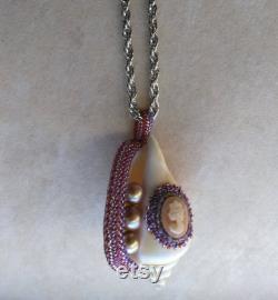 Cameo on Shell Statement Pendant Beaded Beadwoven Shell Pendant Genuine Pearl Pendant Nautical Jewelry Sea Treasures by ileanaEnchantedBeads