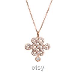 Celtic Diamond Pendant Necklace, Horizontal Tibetan Endless Love Knot, Diamond Drop, 14K Rose Gold Necklace, Figure 8 Knot diamond necklace