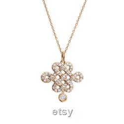 Celtic Diamond Pendant Necklace, Horizontal Tibetan Endless Love Knot, Diamond Drop, 14K Rose Gold Necklace, Figure 8 Knot diamond necklace