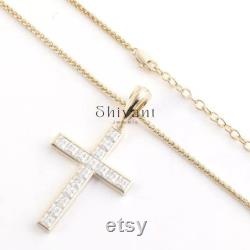 Christian Cross Pendant, Channel Set Necklace, Engagement Pendant, 14K Yellow Gold Plated, Religious Pendant, Anniversary Gift, Fine Jewelry