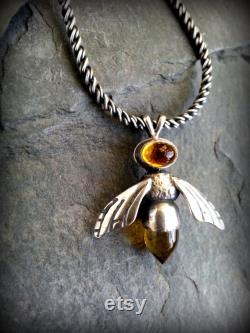 Citrine Bee Necklace, Sterling Bee Necklace, Honey bee Necklace, Citrine Bee Charm, Citrine Bee Amulet, November Birthstone Necklace