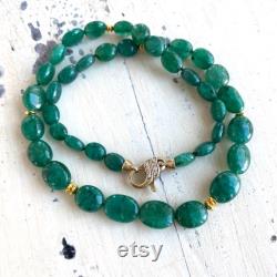 Classic Emerald Smooth Oval Necklace Embellished with Vermeil, Gold Plated Silver Details, May Birthstone Necklace Gift For Her